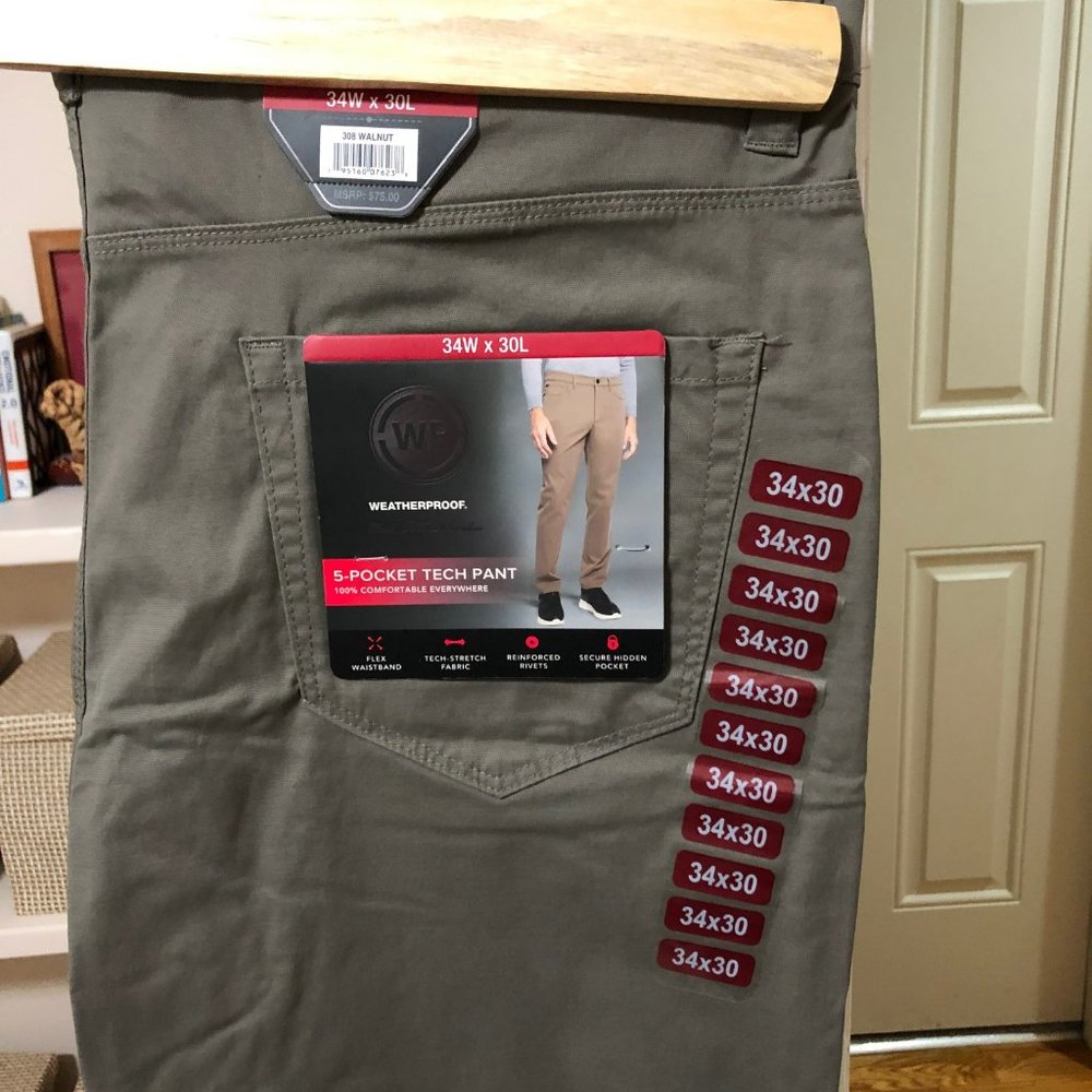 Men's Weather Proof 5 Pocket Tek Pants 34X30 Walnut New with Tags